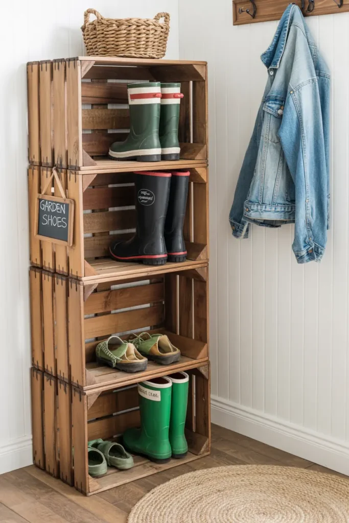 11. Rustic Wooden Crate Shoe Storage