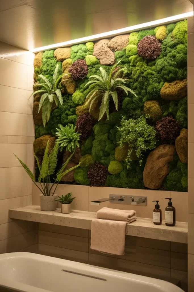 12. Bathroom Green Wall for a Spa Like Experience