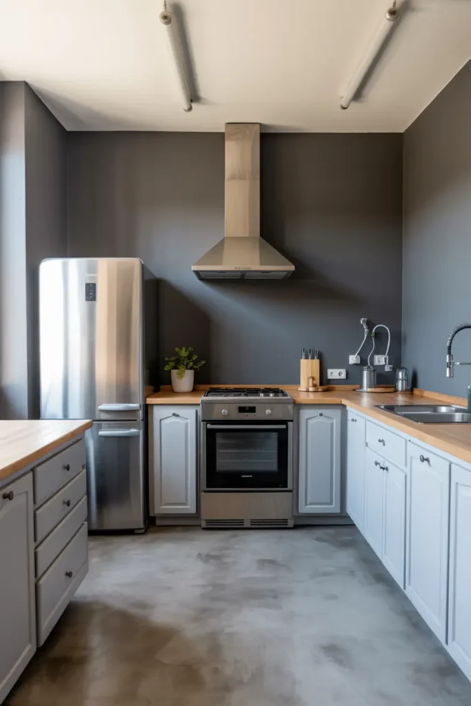 12. Graphite Gray Walls with Stainless Steel Appliances