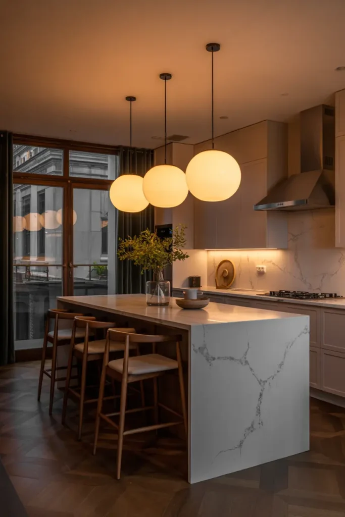 12. Kitchen Island with Pendant Lighting Above
