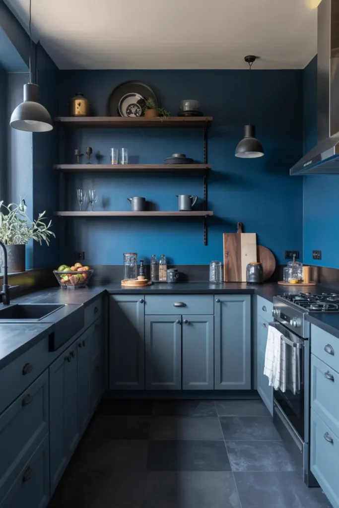 12. Moody Blue Walls with Black Hardware