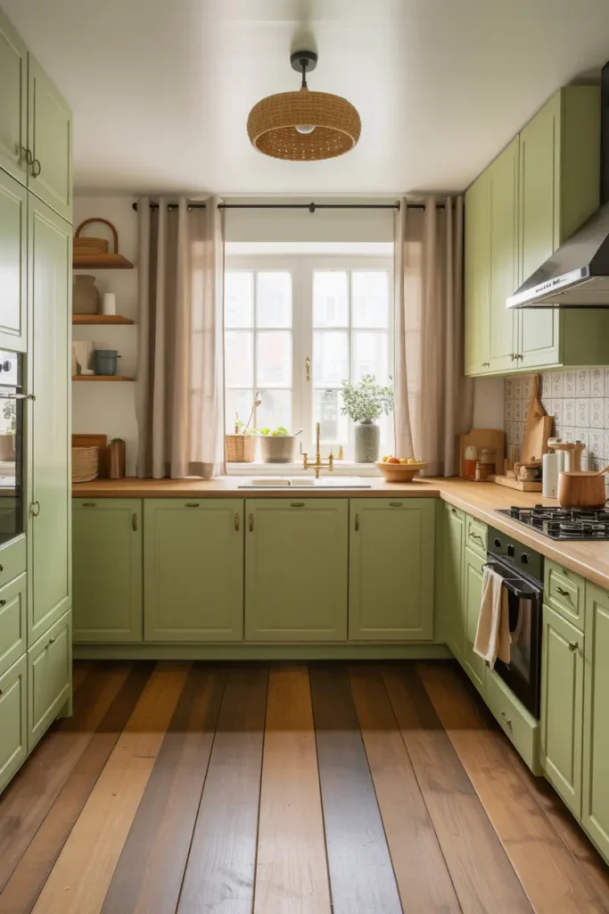 12. Pistachio Green Kitchen with Warm Oak Flooring