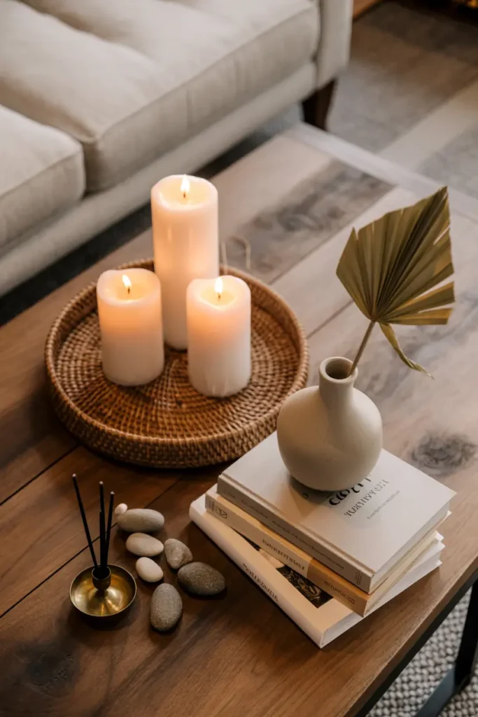13. Add a DIY Coffee Table Centerpiece with Candles and Trays