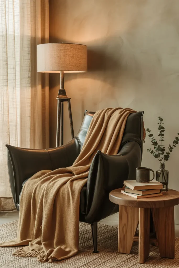 13. Black Leather Armchair with Earth Tone Throw Blanket