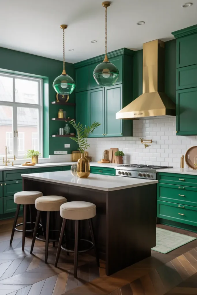 13. Bold Emerald Green Kitchen with Espresso Cabinets