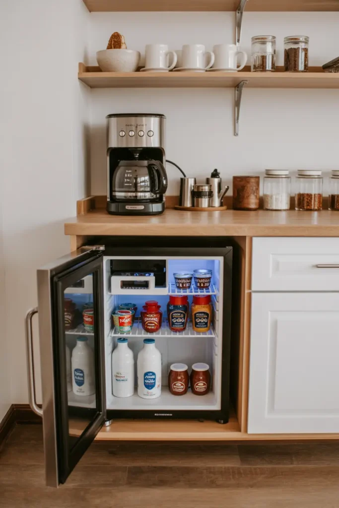 13. Coffee Bar with Mini Fridge for Creamers and Milk