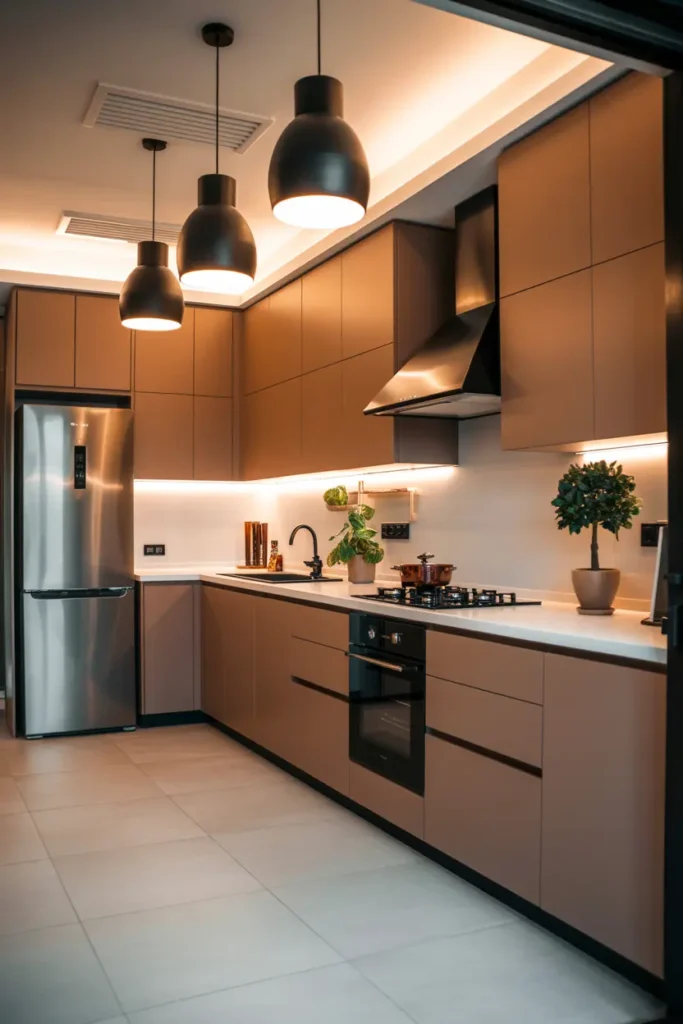 13. Cozy Brown Kitchen with Ambient Lighting