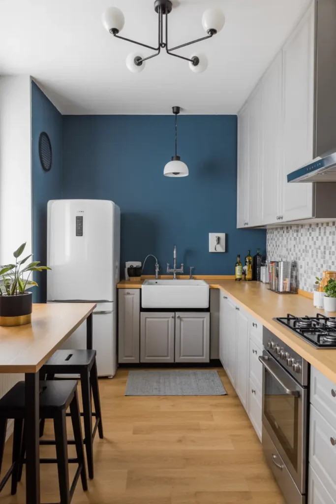13. Gray and Navy Color Blocking on Kitchen Walls