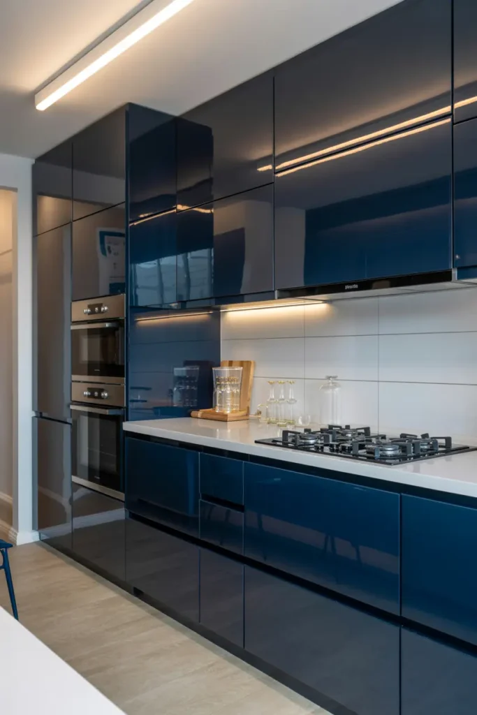 13. High Gloss Dark Blue Cabinets with LED Lighting