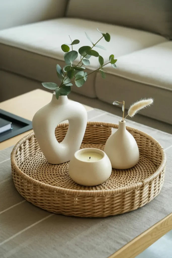 13. Neutral Tray with Woven Elements and White Ceramics