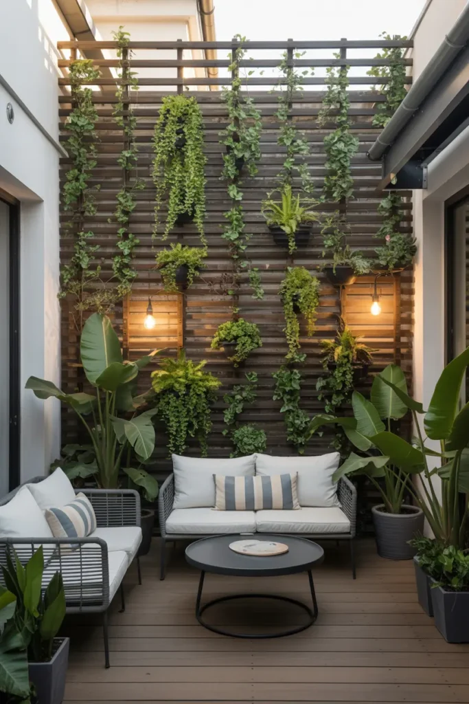 13. Outdoor Patio Greenery Wall for Privacy and Style