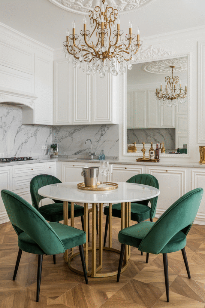 13. White and Gold Dining Table for a Glam Kitchen