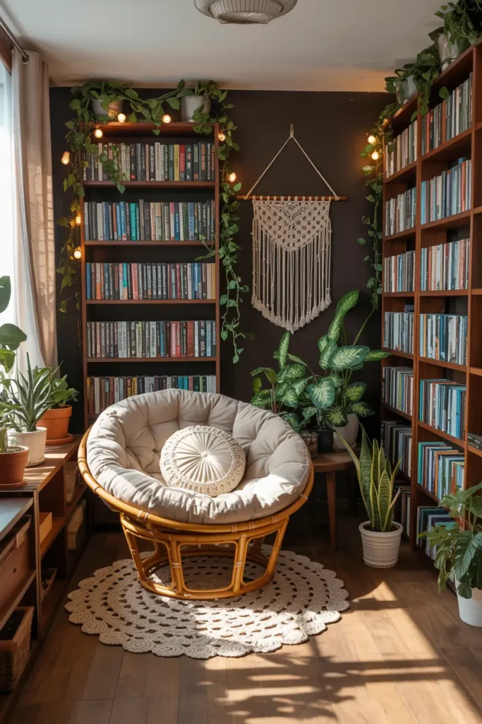 14. Boho Style Reading Nook with Macrame and Plants