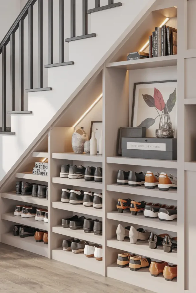 14. Built In Shoe Shelves Under Stairs