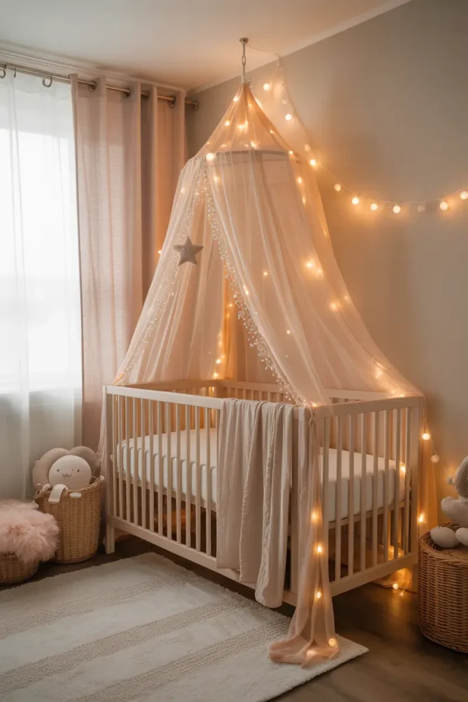 14. Crib Canopy and Fairy Lights for a Magical Feel