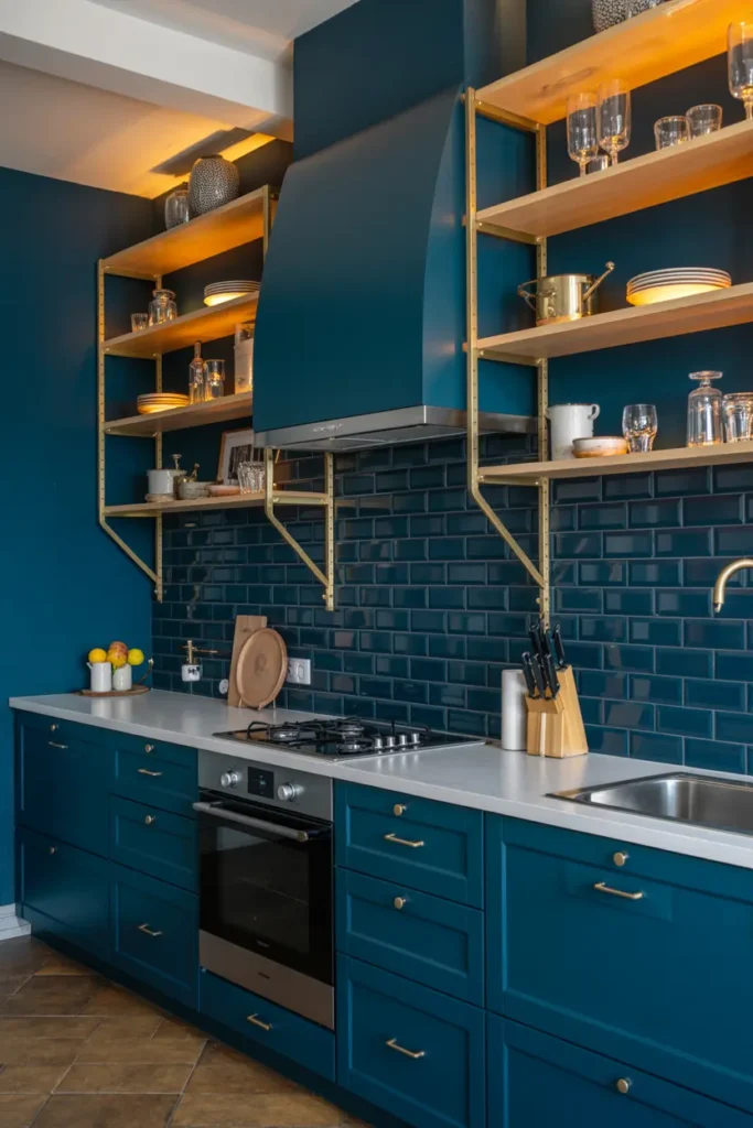 14. Dark Blue Kitchen with Open Brass Shelving