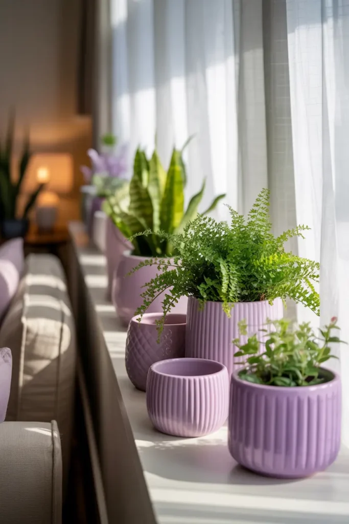 14. Lavender Ceramic Planters with Greenery