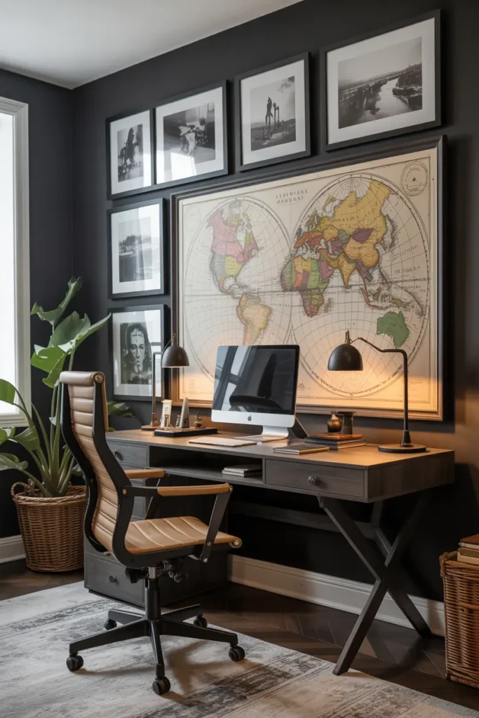 14. Masculine Office with Oversized Wall Art and Maps