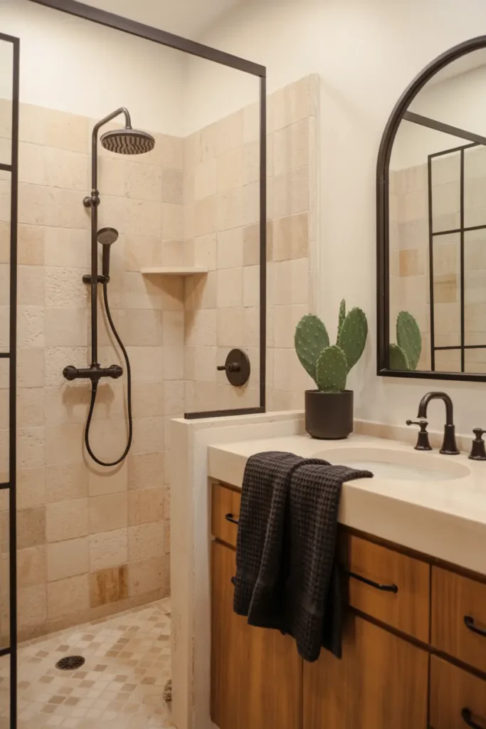 14. Matte Black Bathroom Fixtures with Natural Stone Tiles