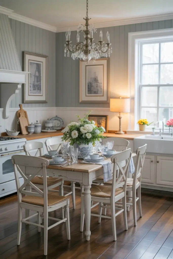 14. Soft Gray Walls with White Trim and Wainscoting