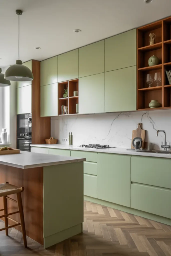 14. Soft Green and Light Brown Scandinavian Kitchen