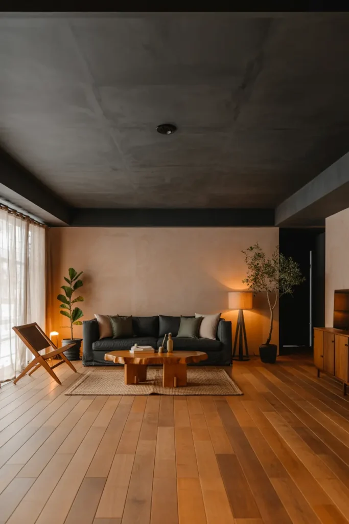 15. Black Accent Ceiling with Warm Wooden Flooring