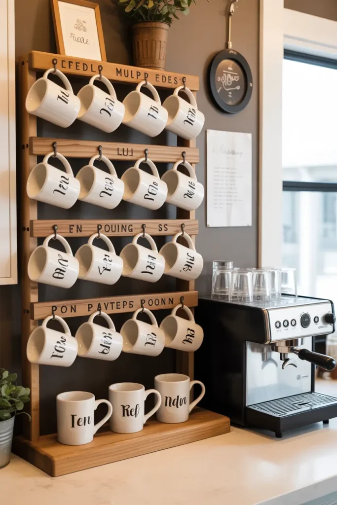 15. Coffee Bar with Personalized Mug Display Rack