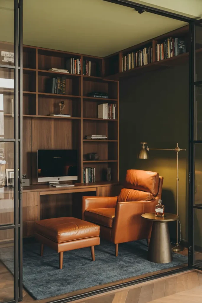 15. Cozy Masculine Reading Nook Integrated into Office Space