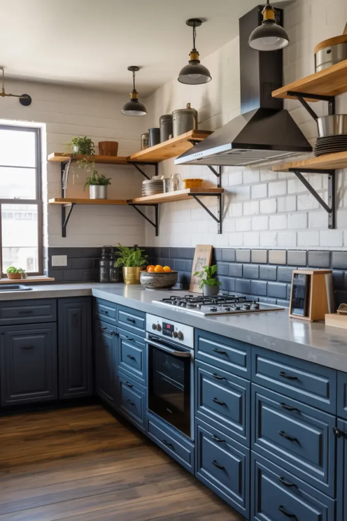 15. Dark Blue Lower Cabinets with Concrete Countertops