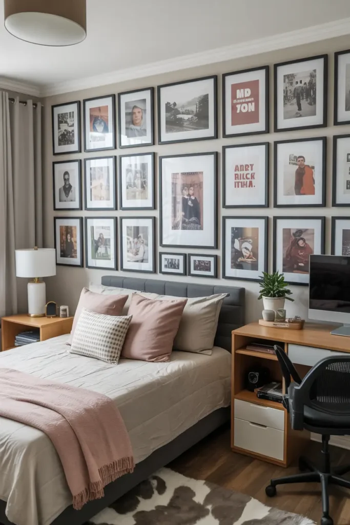 15. Dorm Room Gallery Wall with Personal Photos and Prints