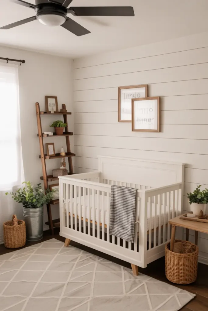 15. Farmhouse Nursery with Shiplap Walls and Rustic Accents