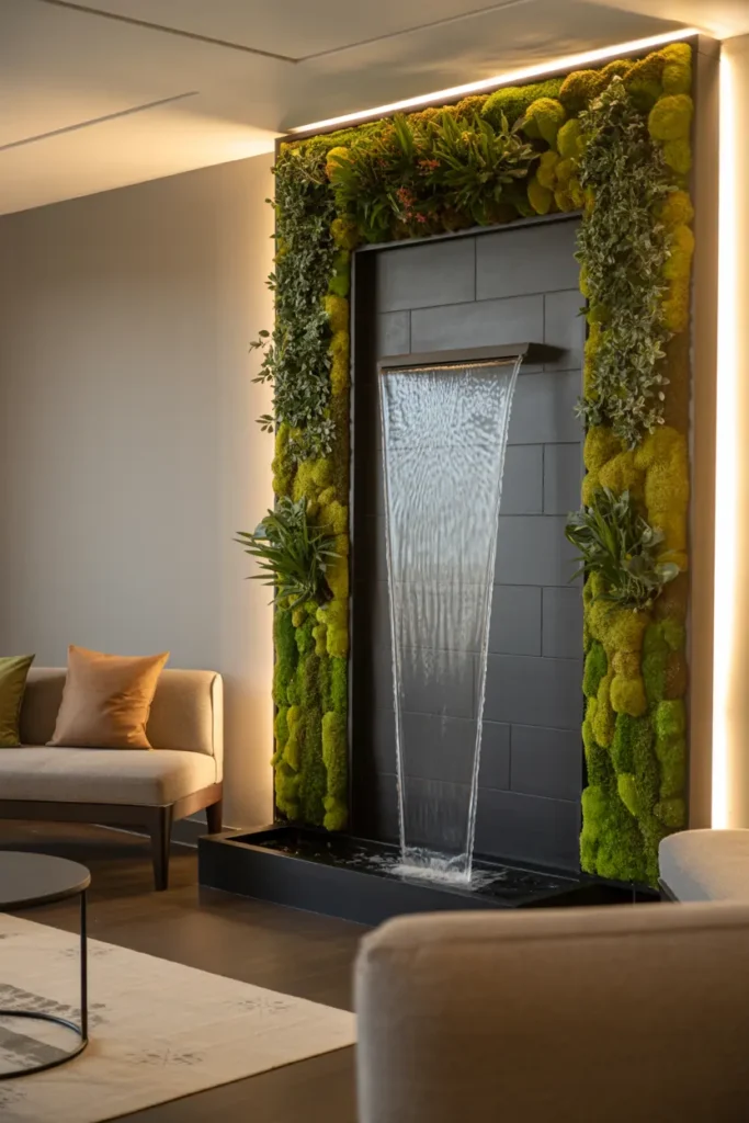 15. Greenery Wall with Water Feature for a Zen Look