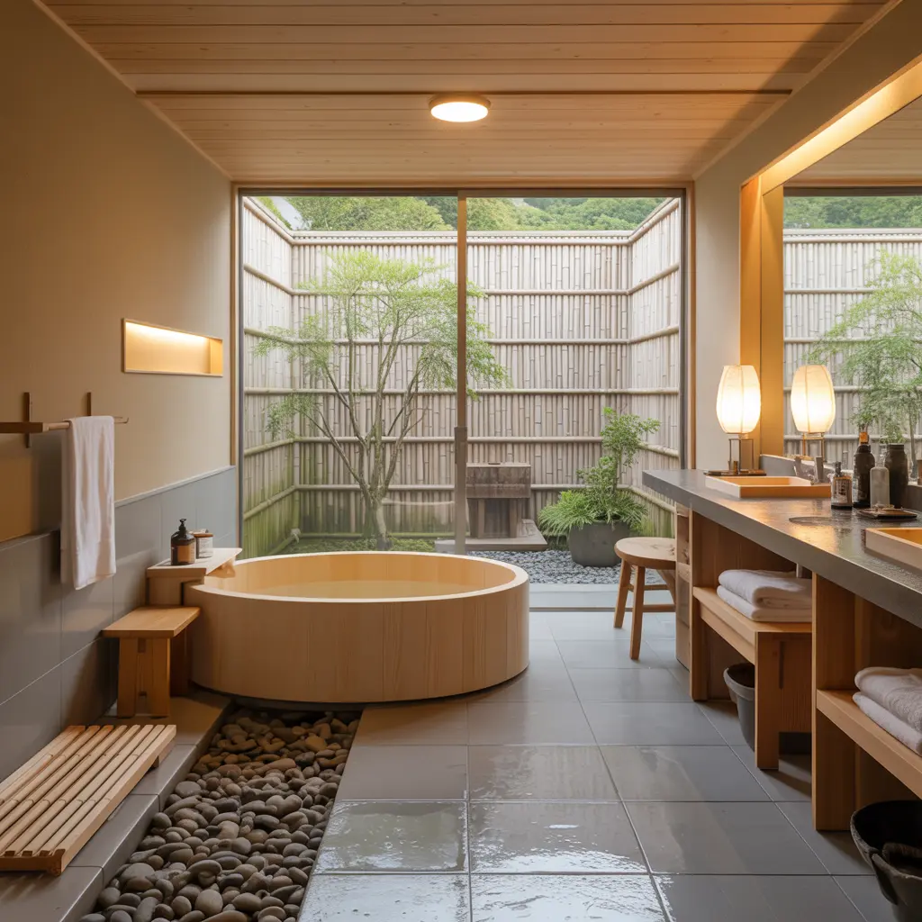 15. Japanese Inspired Bathroom with Ofuro Soaking Tub
