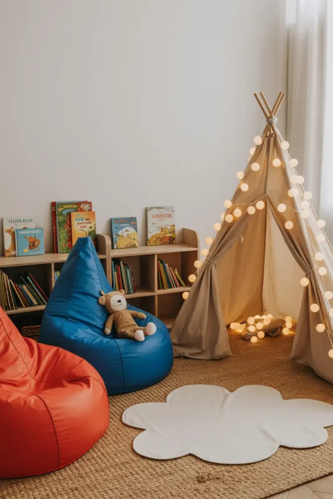 15. Kids Reading Nook with Bean Bags and Soft Lighting