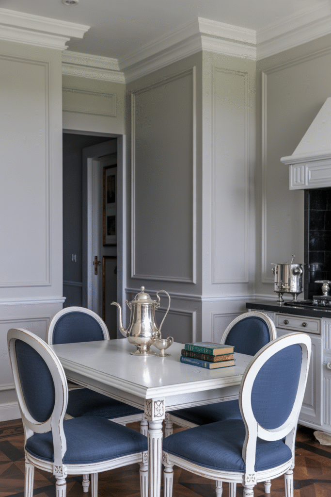 15. White Table with Upholstered Dining Chairs