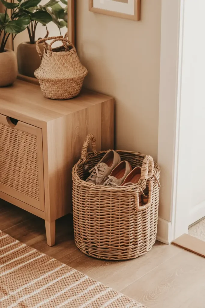 15. Woven Basket Shoe Organizer for Entryway
