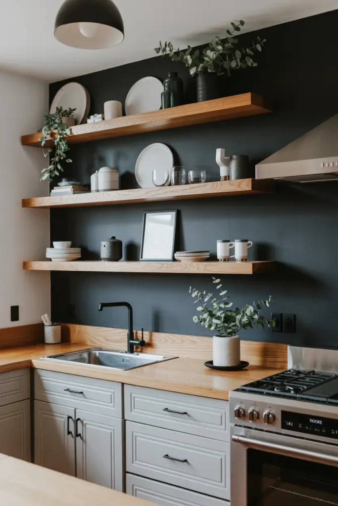 2. Charcoal Gray Accent Wall Behind Open Shelves