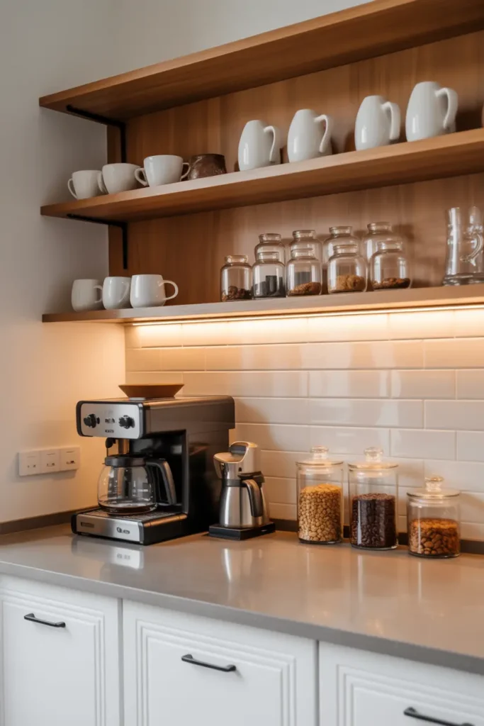 2. Coffee Station with Floating Shelves for Mugs and Jars