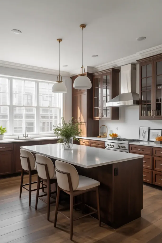 2. Dark Brown Kitchen with White Countertops