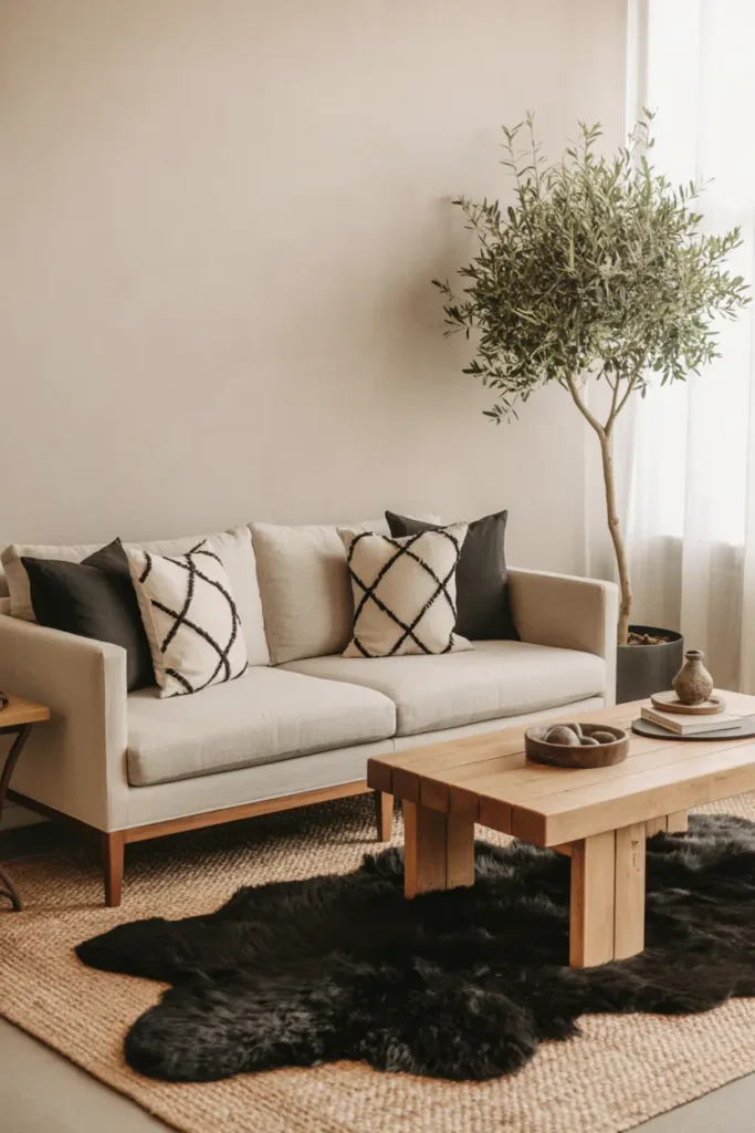 2. Earthy Beige Sofa with Black Throw Pillows and Rugs
