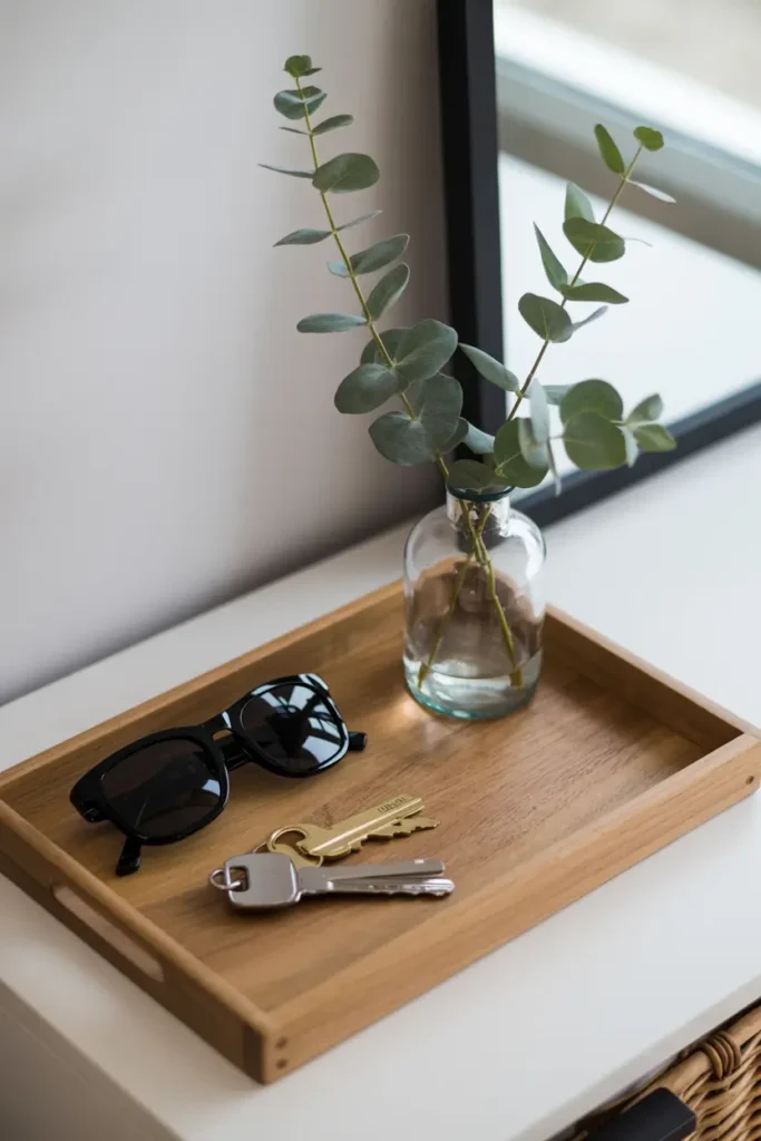 2. Entryway Tray with Keys Sunglasses and Greenery