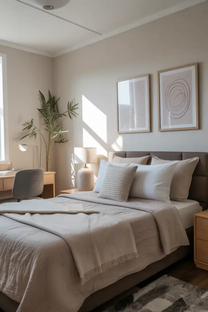 2. Minimalist Dorm Decor with Neutral Bedding