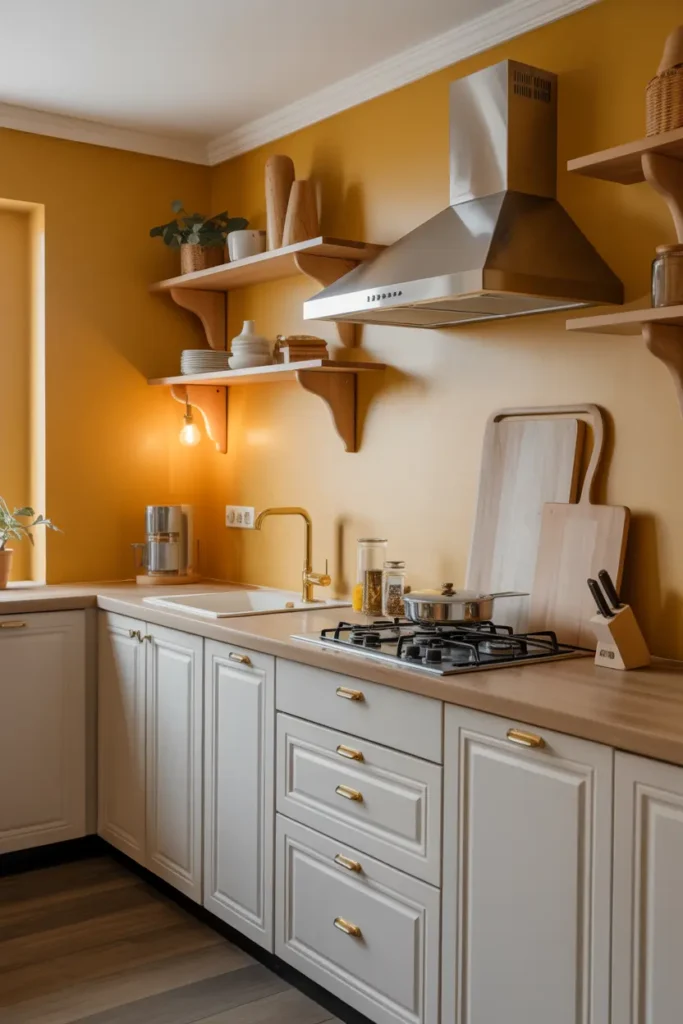 2. Mustard Yellow Kitchen Walls with White Cabinets