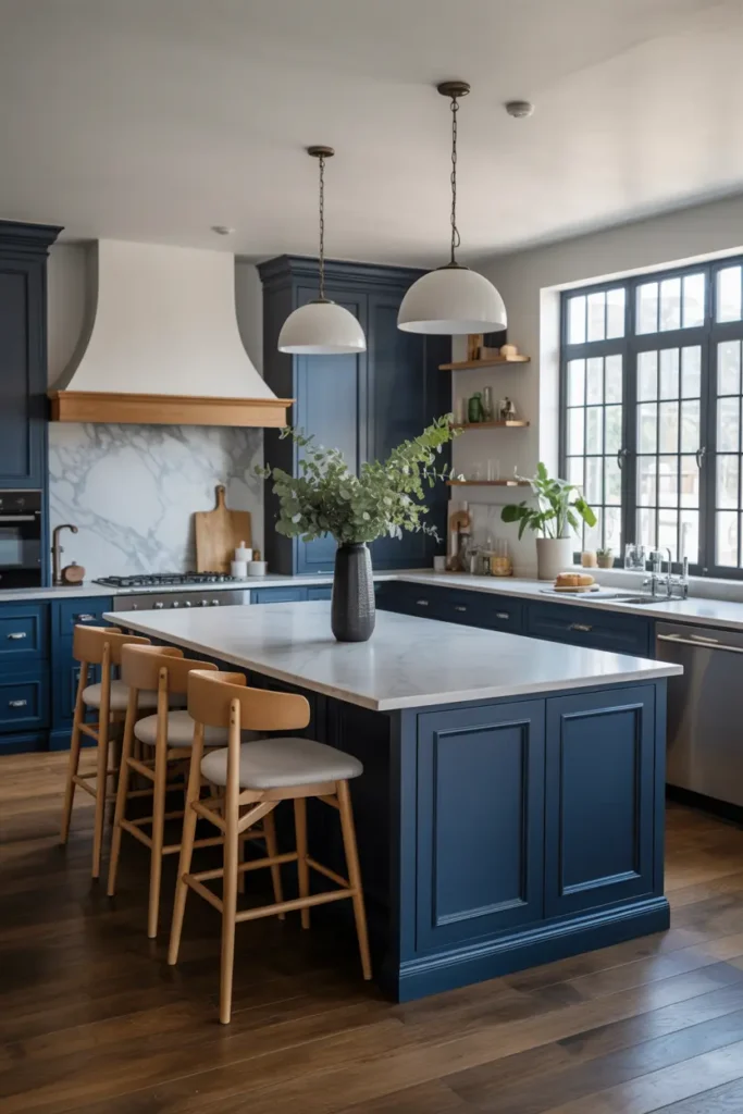 2. Navy Blue Kitchen Island with Marble Countertop