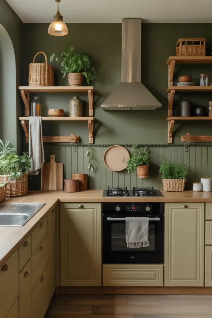 2. Olive Green Kitchen with Natural Wood Accents