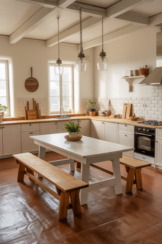 2. White Farmhouse Table with Wooden Benches