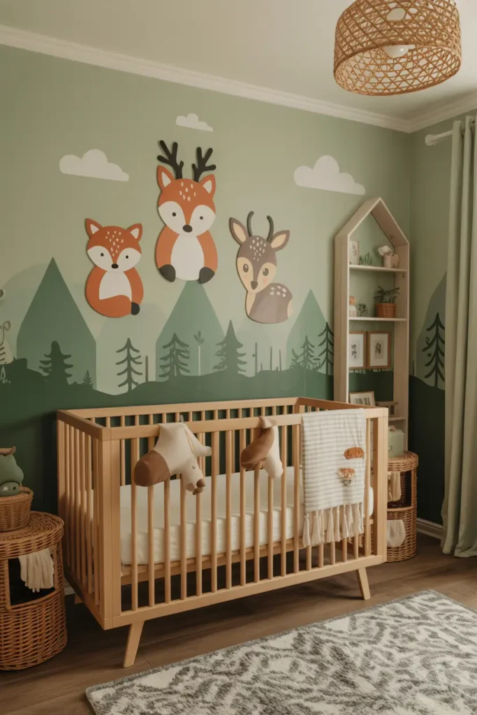 2. Woodland Themed Nursery with Animal Wall Art
