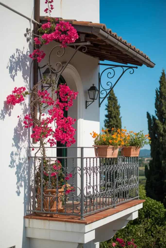 22. Tuscan Balcony with Ornate Iron Railing and Flowers