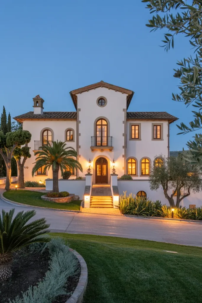 23. Tuscan House with Elegant Outdoor Lighting Fixtures