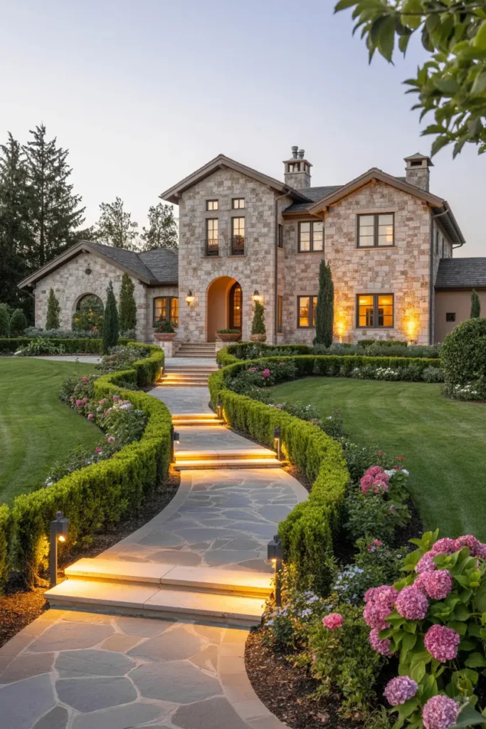 24. Tuscan Villa with Gated Driveway and Stone Pathway